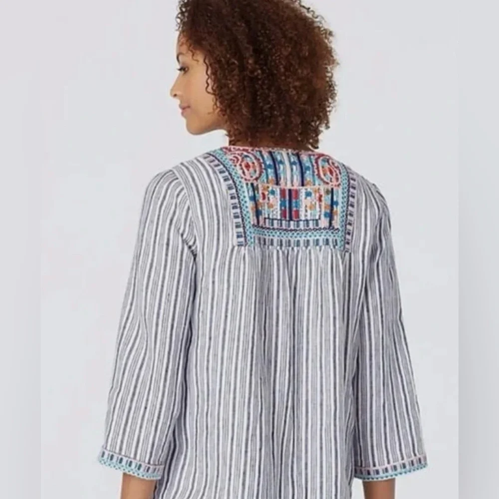 J. Jill Love Linen Striped Embroidered Boho Tunic Top with Tassels L - Picture 4 of 14